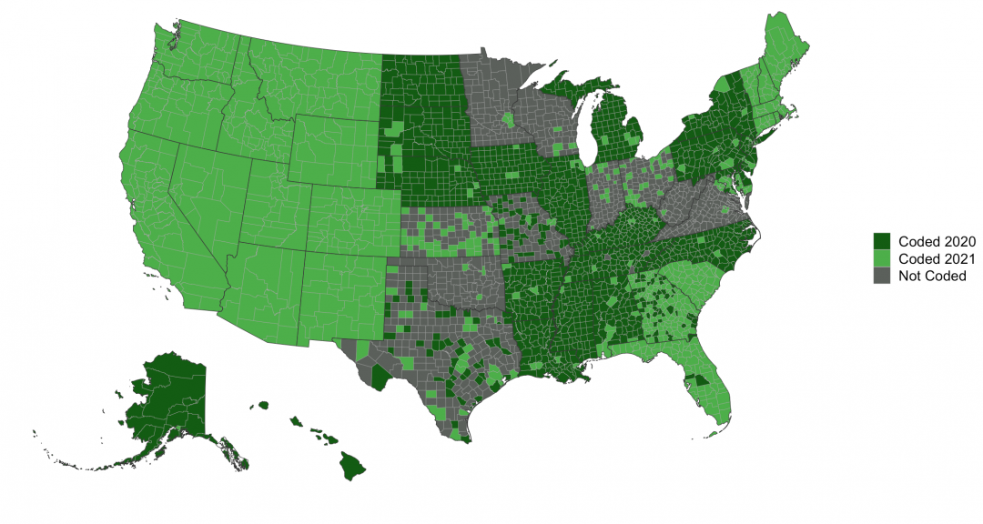US map showing state, county and city level NPIs coded by the research group